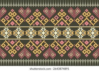 Padrão de ponto cruzado com desenhos florais. Costura de agulha tradicional. Padrão étnico geométrico, Bordado, Ornamentação têxtil, tecido, Padrão costurado à mão, Arte de pixel costura cultural.