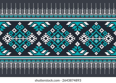 Padrão de ponto cruzado com desenhos florais. Costura de agulha tradicional. Padrão étnico geométrico, Bordado, Ornamentação têxtil, tecido, Padrão costurado à mão, Arte de pixel costura cultural.
