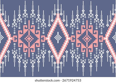 Padrão de ponto cruzado com desenhos florais. Costura de agulha tradicional. Padrão étnico geométrico, Bordado, Ornamentação têxtil, tecido, Padrão costurado à mão, Arte de pixel costura cultural.