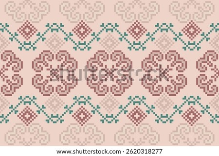 Cross Stitch pattern with Floral Designs. Traditional cross stitch needlework. Geometric Ethnic pattern, Embroidery, Textile ornamentation, fabric, Hand stitched pattern, Cultural stitching pixel art.