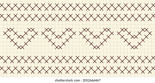 Cross stitch pattern with heart.Cross-stitch border, frame. Grid Vector illustration.