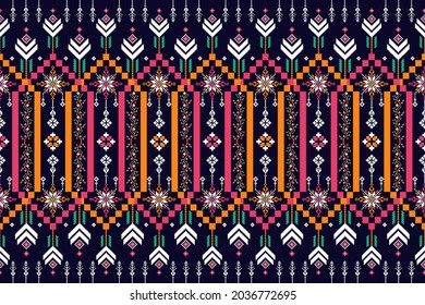 Cross stitch pattern on black background.vector illustration.Aztec style beautiful embroidery abstracts traditional.pink,orange,green,white.design for texture,fabrics,clothing,wrapping and carpet.