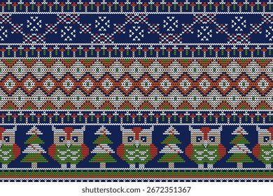 Cross stitch pattern owl geometric fabric pixel For textiles print background Christmas theme