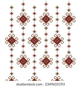 A cross stitch pattern with red and green squares