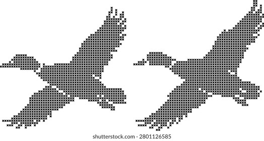Cross stitch pattern of two flying ducks. Simple bird silhouette for creative projects.