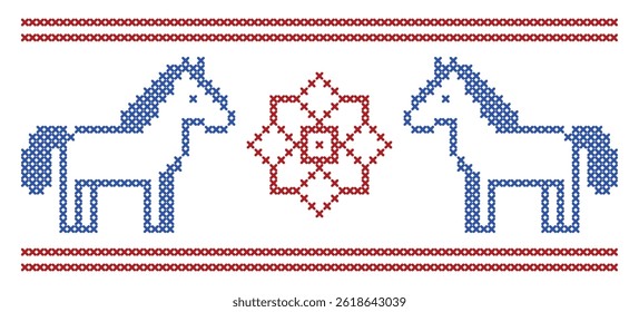Cross stitch pattern, two horses, red and blue colors, suitable for knitting, Year of the Horse