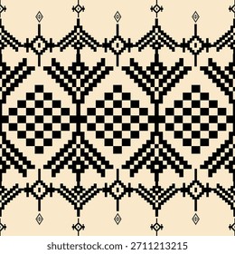 Cross stitch pattern, Ukrainian style, folk embroidery border, geometric floral pattern on cream background. Seamless vector design for textiles, home decor, clothes, carpets, cushions, etc.