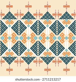 Kreuzstichmuster, ukrainischer Stil, volkstümlicher Stickereirahmen, geometrisches Blumenmuster auf cremefarbenem Hintergrund. Nahtloses Vektordesign für Textilien, Wohnkultur, Kleidung, Teppiche, Kissen usw.