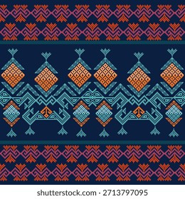 Cross stitch pattern, Ukrainian style, folk embroidery border, blue and red geometric floral pattern, seamless vector design, for textiles, home decor, clothing, carpets, cushions, etc.