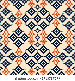 Cross stitch pattern, Ukrainian style, folk embroidery border, geometric floral pattern on cream background. Seamless vector design for textiles, home decor, clothes, carpets, cushions, etc.