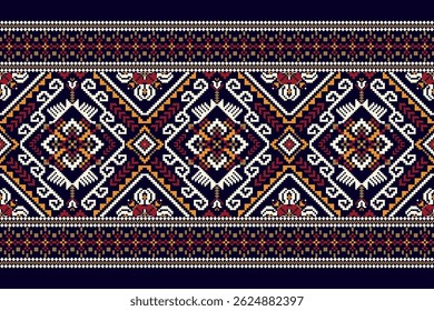 Cross stitch pattern,floral cross stitch pattern on black background,vector illustration,geometric ethnic oriental pattern,Aztec,abstract background.design for texture,fabric,clothing,decoration,print