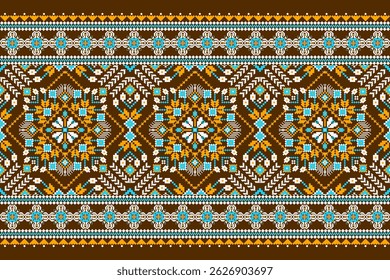 Cross stitch pattern,floral cross stitch pattern on brown background,vector illustration,geometric ethnic oriental pattern,Aztec,abstract background.design for texture,fabric,clothing,decoration,print