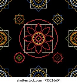 Cross stitch for pillows vector illustration. Dark seamless pattern background with abstract flowers.