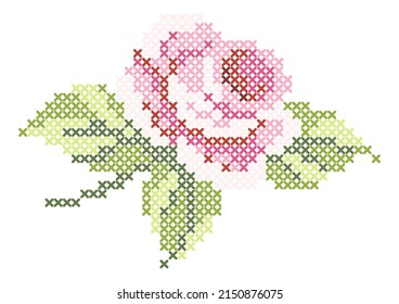 Cross stitch pink rose. Flower with leafs. White background.