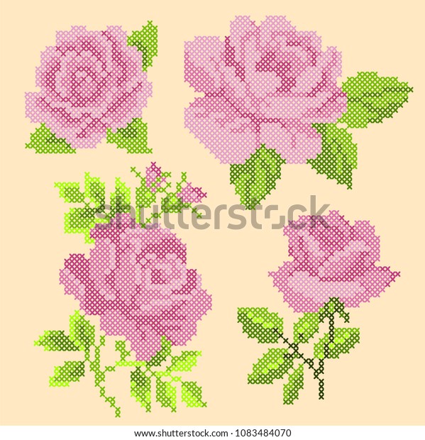 Cross Stitch Pink Roses Stock Vector (Royalty Free) 1083484070