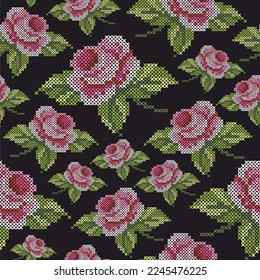 Cross stitch pink roses seamless pattern. Flowers with leaf's. Black background. Wrapping paper, print, textile, fabric. Cross stitching. Embroidery.