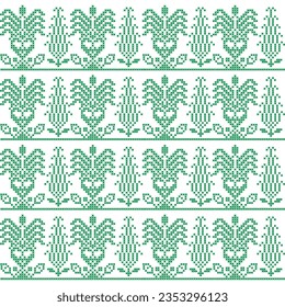 A cross stitch pixel art border pattern in green and white