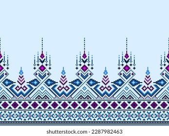 Cross Stitch and Pixel Ethnic Patterns Bring Vibrant Style to Fabrics, Sarees, and Ikat Designs, blue cross stitch color. Traditional Design.