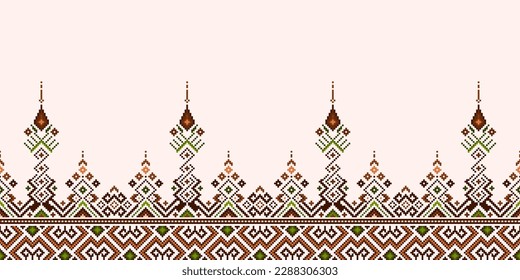 Cross Stitch and Pixel Ethnic Patterns Bring Vibrant Style to Fabrics, Sarees, and Ikat Designs, Brown color cross stitch. Traditional Design.