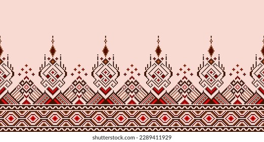 Cross Stitch and Pixel Ethnic Patterns Bring Vibrant Style to Fabrics, Sarees, and Ikat Designs, Red color cross stitch. Traditional Design.