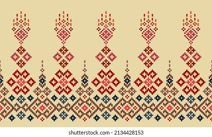 Cross Stitch Pixel Pattern. Ethnic Abstract Art. Seamless Pattern In Tribal, Folk Embroidery, And Mexican Style. Aztec Geometric Ornament Print. Design For Carpet, Wallpaper, Clothing, Textile.