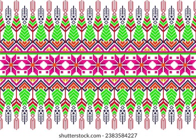 Cross Stitch Pixel Pattern. Ethnic abstract art. Seamless pattern in tribal, folk embroidery, and Mexican style. Aztec geometric ornament print. Design for carpet, wallpaper, clothing, textile.