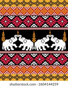cross stitch pixel pattern. ethnic pattern. design for carpet, wallpaper, clothing, textile, pillow, vector illustration.