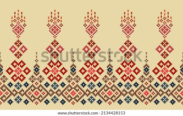 Cross Stitch Pixel Pattern. Ethnic abstract art.
Seamless pattern in tribal, folk embroidery, and Mexican style.
Aztec geometric ornament print. Design for carpet, wallpaper,
clothing, textile.