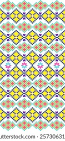 Cross stitch, pixel pattern, Ukrainian folk embroidery seamless pattern. Vector illustration. Colorful design for bedding, curtains, tiles, ceramic pottery, and clothing.