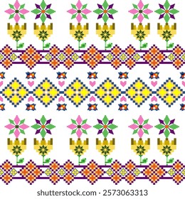 Cross stitch, pixel pattern, Ukrainian folk embroidery seamless pattern. Vector illustration. Colorful design for bedding, curtains, tiles, ceramic pottery, and clothing.