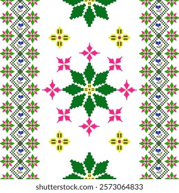 Cross stitch, pixel pattern, Ukrainian folk embroidery seamless pattern. Vector illustration. Colorful design for bedding, curtains, tiles, and elaborated borders.