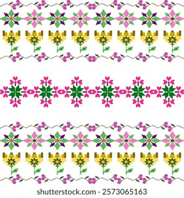 Cross stitch, pixel pattern, Ukrainian folk embroidery seamless pattern. Vector illustration. Colorful design for bedding, curtains, tiles, and elaborated borders.