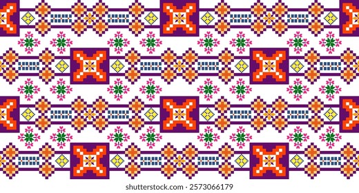 Cross stitch, pixel pattern, Ukrainian folk embroidery seamless pattern. Vector illustration. Colorful design for bedding, curtains, tiles, ceramic pottery, and clothing.