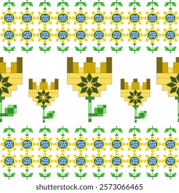 Cross stitch, pixel pattern, Ukrainian folk embroidery seamless pattern. Vector illustration. Design flowers for bedding, curtains, tiles, and elaborated borders.