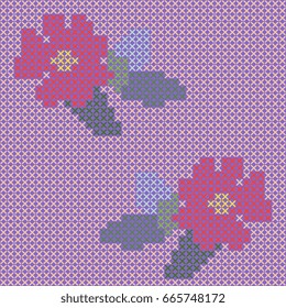 Cross stitch red flowers. Design elements.