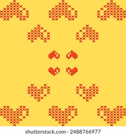 cross stitch red heart yellow background needlework love emotion abstract seamless geometric graphic watercolor pastel print pattern artwork graphic vector ethnic simple template wallpaper