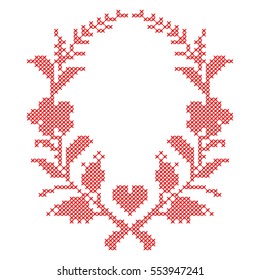 Cross stitch, red pattern of flowers, leaves and hearts in a circle on a white background. Place for your text, for weddings, Valentine, invitation or greeting cards, isolate, vector illustration.