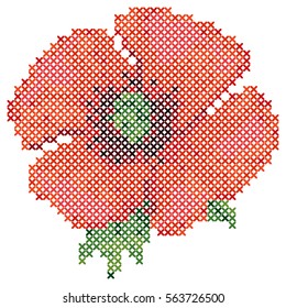 Cross stitch red poppy on white background. Vector pattern for embroidery or needlework. Modern tattoo.