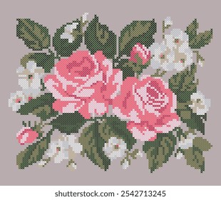 Ponto de cruz rosas flores. Padrão de bordado floral, ilustração vetorial.