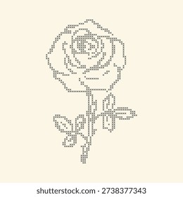 Cross stitch rose with stem embroidery. Vintage lace needlepoint floral element. Pixel art flower for trendy ornate design. Delicate mosaic vector plant