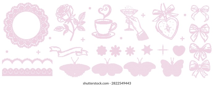 Cross stitch rose, tea cup, martini glass, butterflies and ribbon bows. Coquette frame, scallop border, heart and daisy flower elements in embroidery pixel style