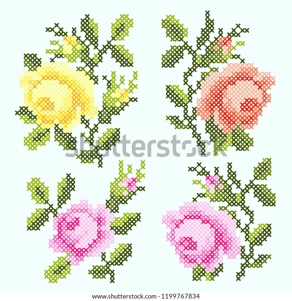 Cross Stitch Roses Stock Vector (Royalty Free) 1199767834