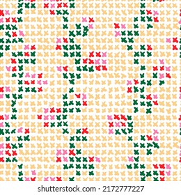 Cross stitch roses vector seamless pattern. Ethnic folk texture embroidery crosses stitches, textile or fabric print ornament.