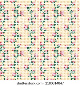 Cross stitch roses vector seamless pattern. Ethnic folk texture embroidery crosses stitches, textile or fabric print ornament.