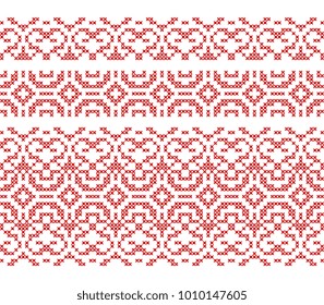 Cross stitch seamless borders. Embroidered ethnic ornament. Vector illustration.
