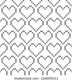 Cross stitch, seamless decorative pattern with hearts. Embroidery and knitting. Abstract geometric background.