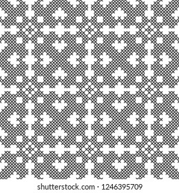 Cross stitch, seamless decorative pattern. Embroidery and knitting. Abstract geometric background. Ethnic ornaments.