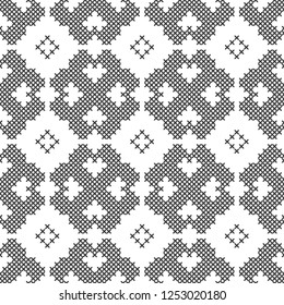 Cross stitch, seamless decorative pattern. Embroidery and knitting. Abstract geometric background. Ethnic ornaments.