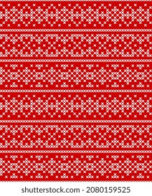 Cross stitch seamless pattern. Decorative white ornament in folk style on red background. 