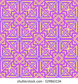Cross stitch seamless pattern. Embroidery background. Needlework ornament. Bright purple picture. Geometric patterns. Vector illustration.